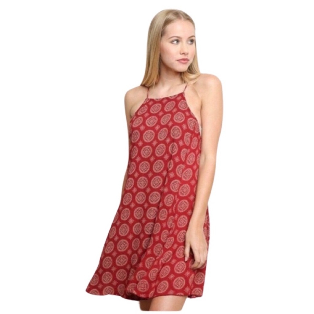 BRANDY MELVILLE Red Print Crinkle Mini Dress